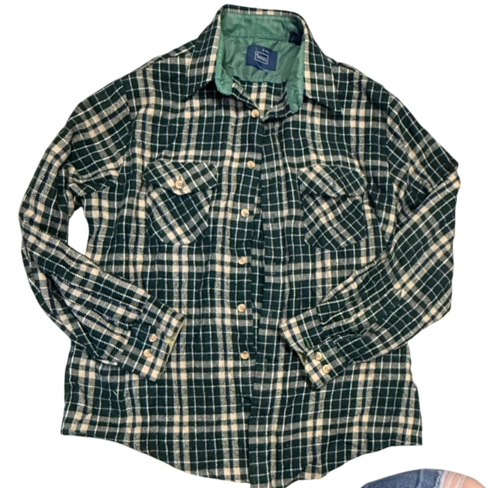 Vintage‎ Sears Flannel Shirt Plaid Button Up Long Sleeve Green Tan L 16-16 1/2